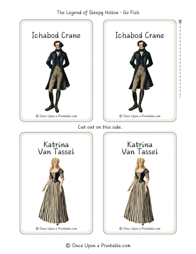 The legend of sleepy hollow go fish card printables, front side with characters Ichabod Crane and Katrina Van Tassel.