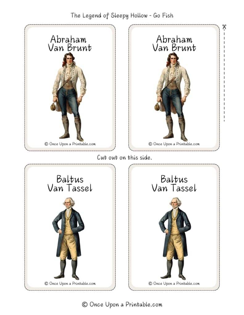 The legend of sleepy hollow go fish card printables, front side with characters Abraham Von Brom and Baltus Van Tassel.