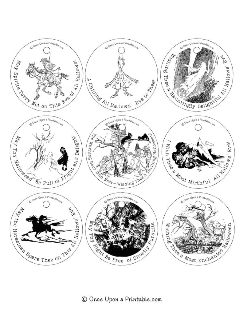 The Legend of Sleepy Hollow illustrated Halloween Goodie Bag Tags with original illustrations by Arthur Rackham.