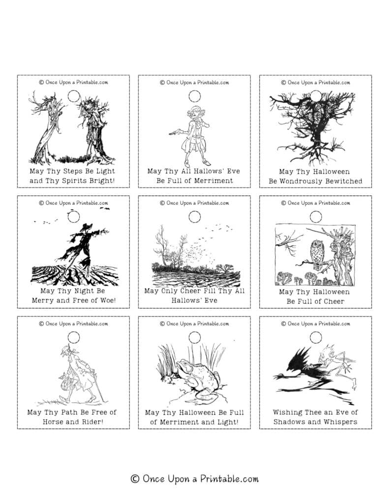 The Legend of Sleepy Hollow illustrated Halloween Goodie Bag Tags with original illustrations by Arthur Rackham.