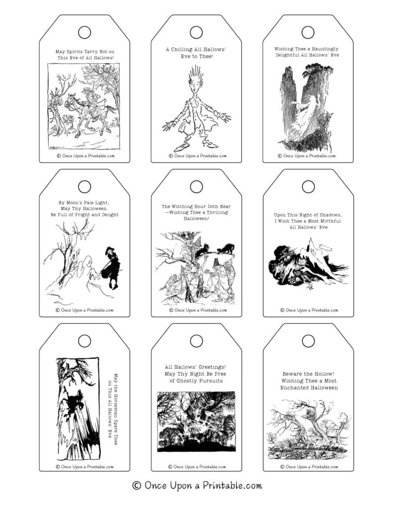 The Legend of Sleepy Hollow illustrated Halloween Goodie Bag Tags with original illustrations by Arthur Rackham.