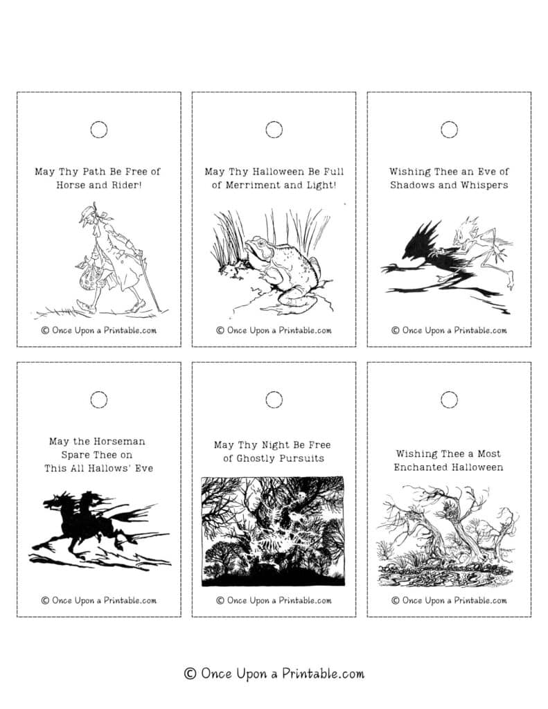 The Legend of Sleepy Hollow illustrated Halloween Goodie Bag Tags with original illustrations by Arthur Rackham.