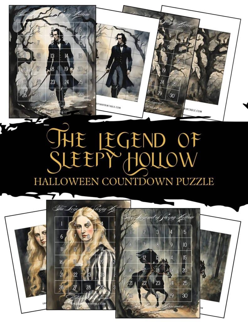 The Legend of Sleepy HOllow Halloween countdown puzzle with watercolor scenes of characters and places in the book.