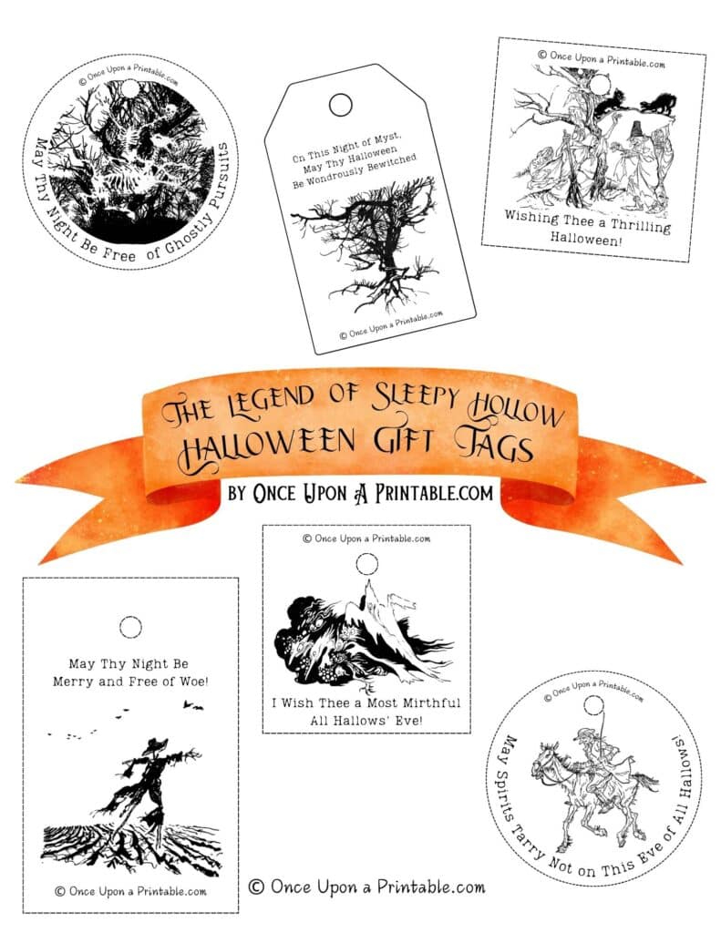 The Legend of Sleepy Hollow illustrated Halloween Goodie Bag Tags with original illustrations by Arthur Rackham.