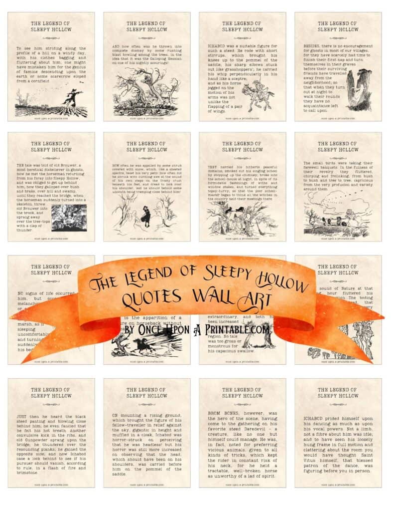 A full page of Quotes from the Legend of Sleepy Hollow displayed on old parchment paper with original illustrations from Arthur Rackham.