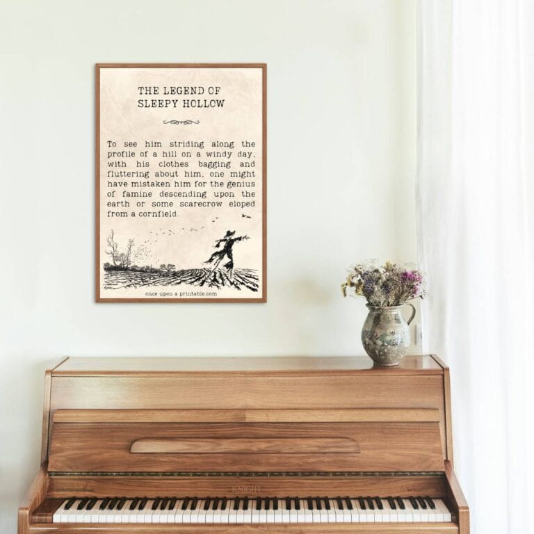A quote from Washington Irving's The Legend of Sleepy Hollow framed and displayed above a wooden piano.