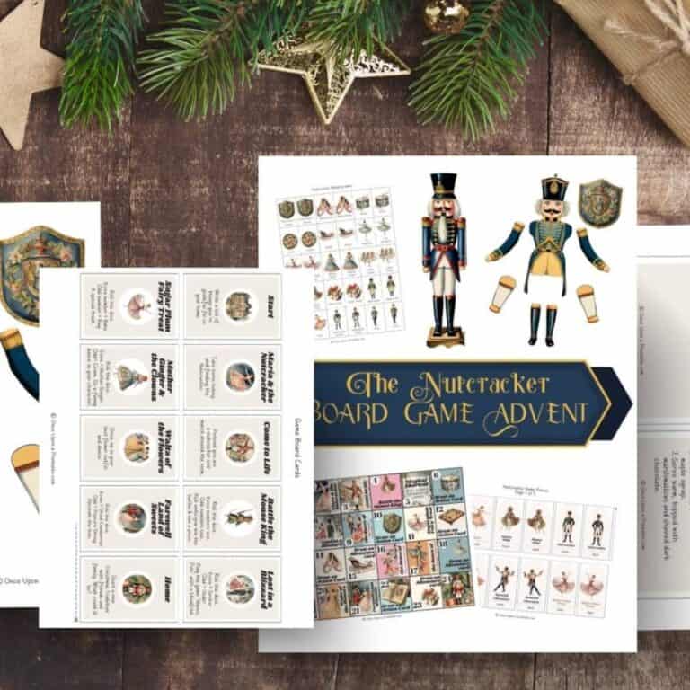 The Nutcracker advent board game unit study pages printed with beautiful vintage-style graphics of Nutcracker characters displayed on a wooden table with green garland and presents.