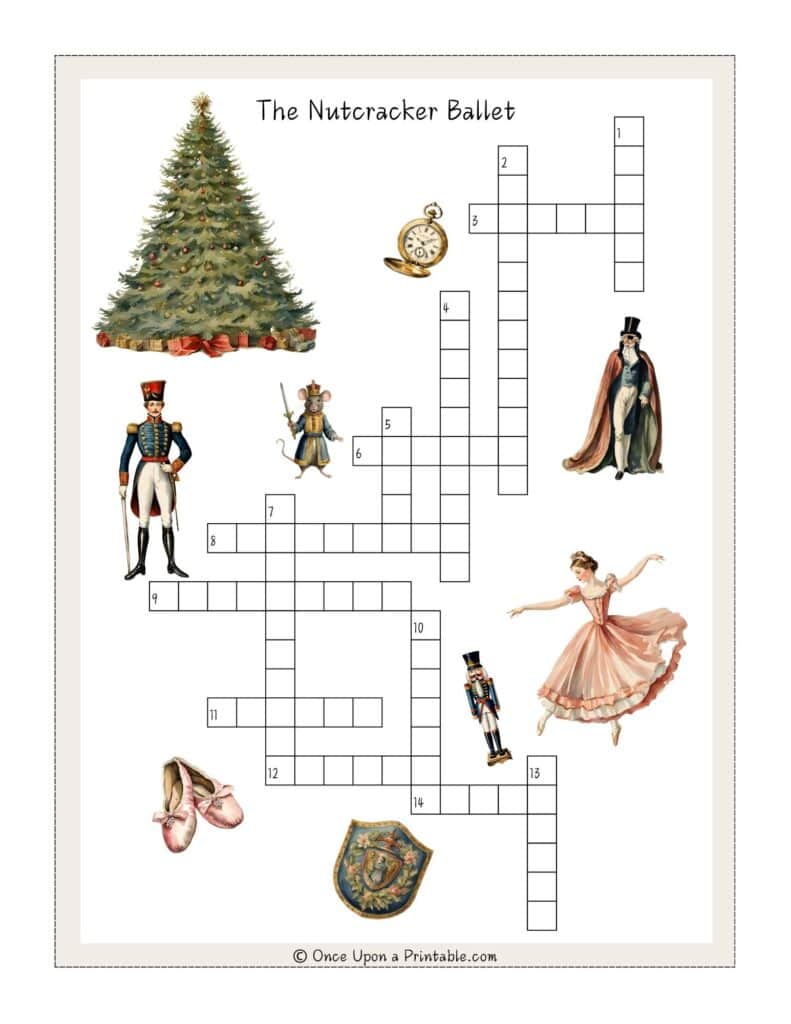 Nutcracker themed crossword puzzles with vibrant watercolor graphics.