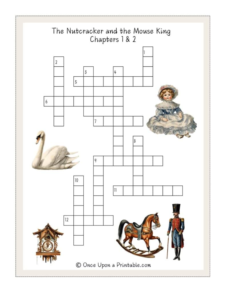 Nutcracker themed crossword puzzles with vibrant watercolor graphics.