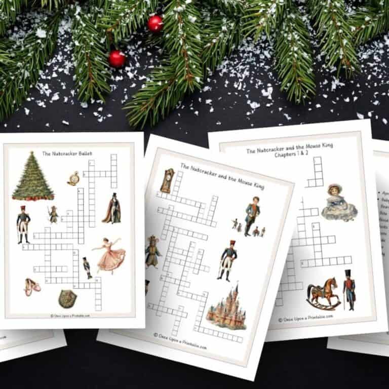 Nutcracker themed crossword puzzles with beautiful vibrant watercolor graphics printed and laying on a dark blue background with candy and cookies.