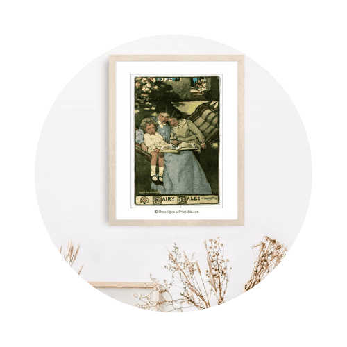 An illustration by Jessie Willcox Smith of a mother holding a child reading a book, framed.