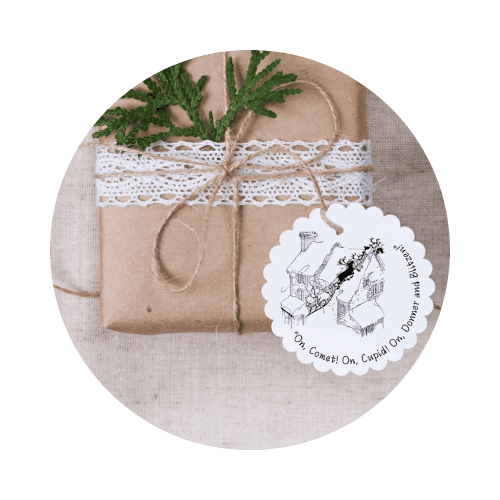 An illustration of the night before christmas on a white gift tag.