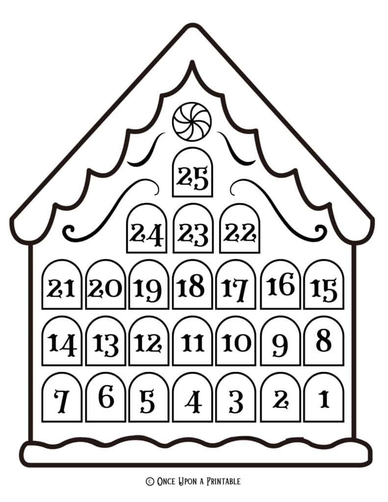 The Gingerbread house coloring page with numbered doors for the countdown to Christmas.