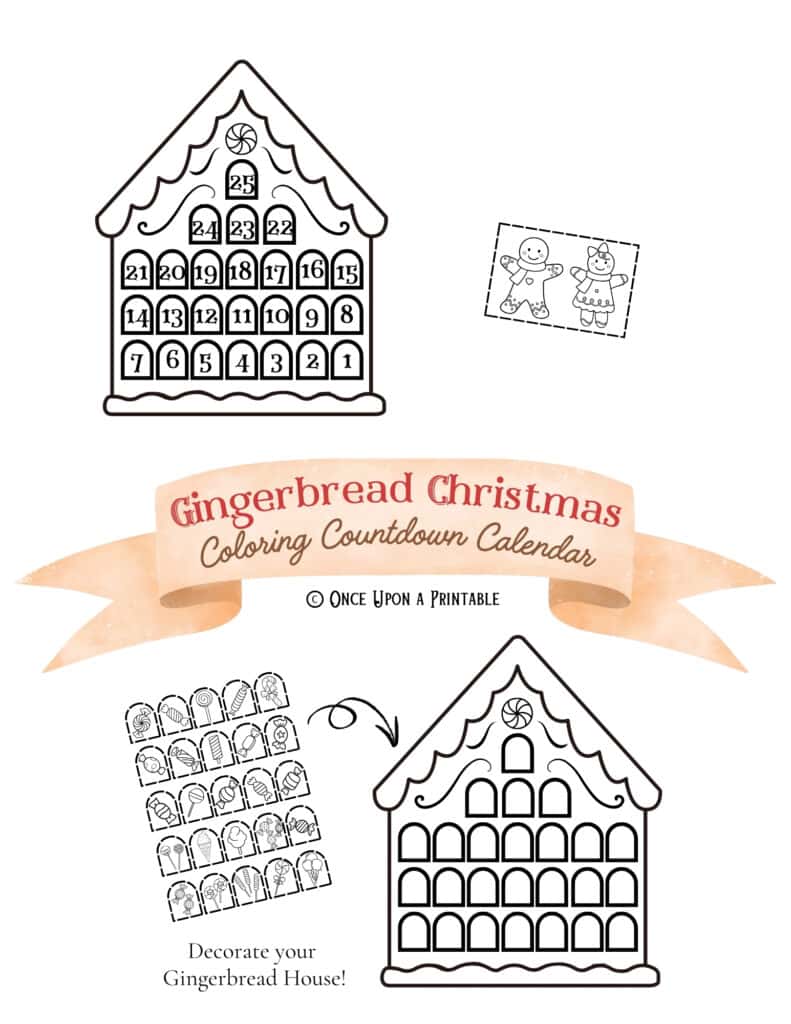 Gingerbread Christmas countdown calendar coloring version cover page.