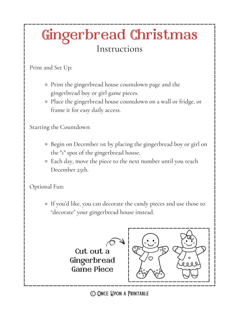 Gingerbread house coloring activity instructions with the gingerbread boy and girl game pieces.