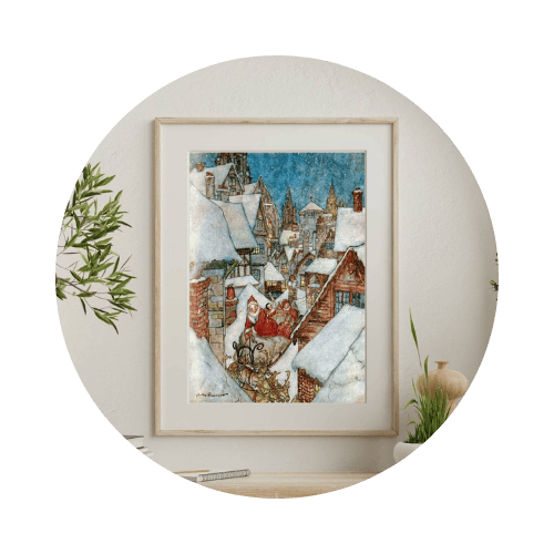 An illustration of "twas the night before christmas" housetops covered in snow.