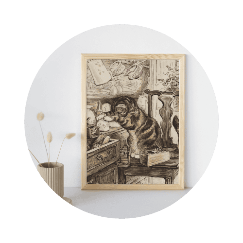 Illustration of a cat by Beatrix Potter, framed.