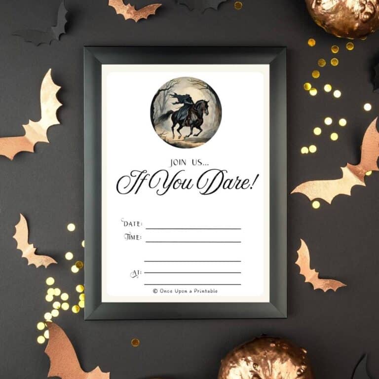 Sleepy Hollow headless horseman halloween party invitation framed and displayed on a black surface with gold pumpkins and bats.