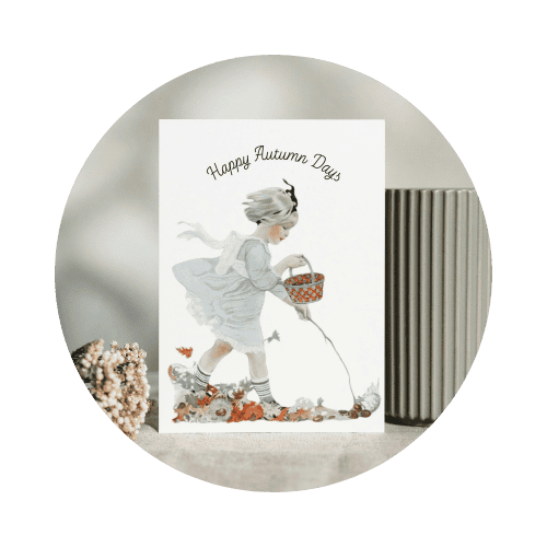 An illustrated greeting card of a girl holding a basket walking in the leaves.