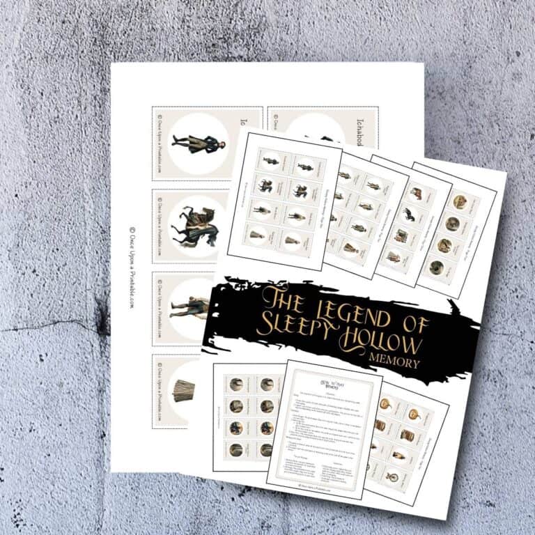 The Legend of Sleepy Hollow Memory game printable with original graphics of characters from the book, displayed on a wooden surface.