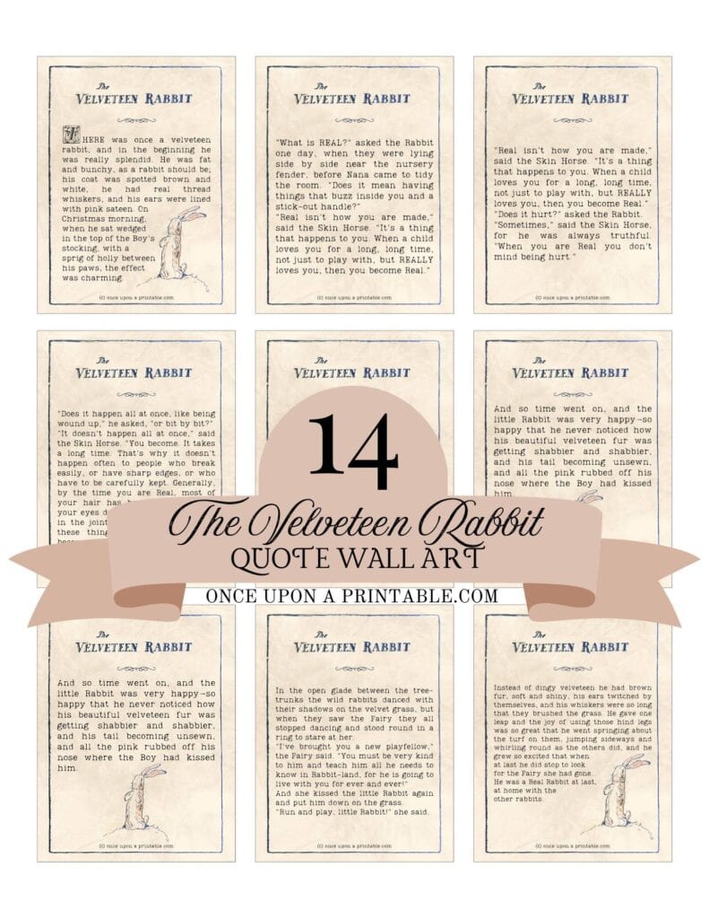 The velveteen rabbit quotes on old paper with typewriter font.