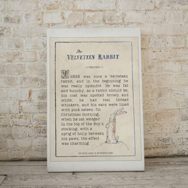 A beautifully framed printable of a quote from the velveteen rabbit with original illustrations, resting on a brick background.