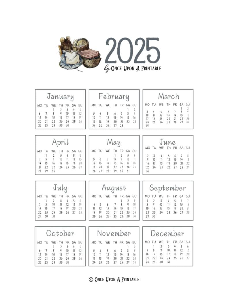 A 2025 calendar of The tale of two bad mice, illustrated by Beatrix Potter.