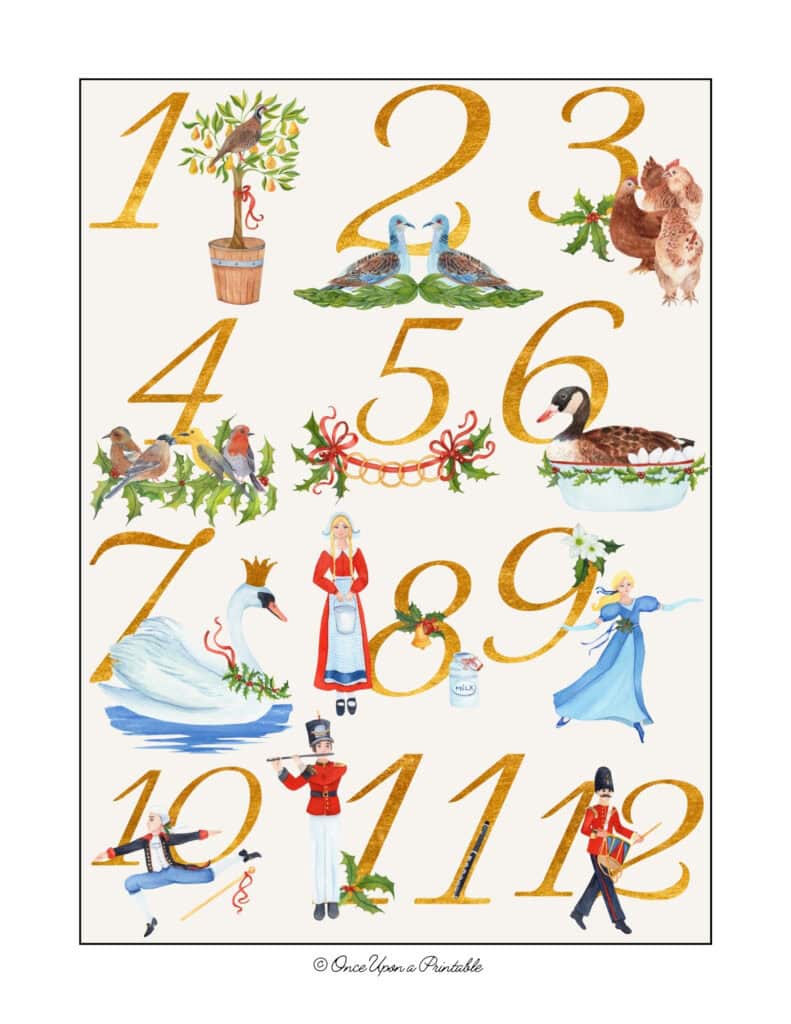 12 Days of Christmas watercolor graphic art prints.