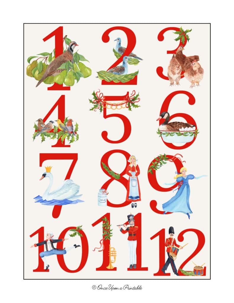12 Days of Christmas watercolor graphic art prints.