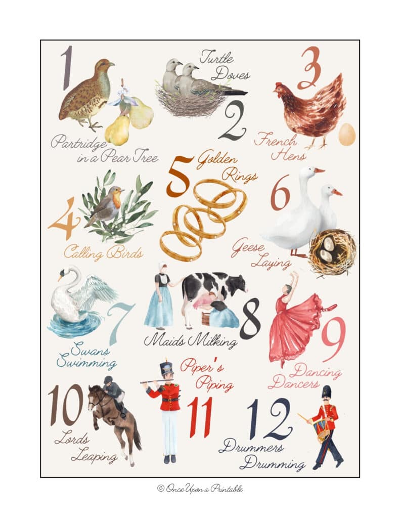 12 Days of Christmas watercolor graphic art prints.