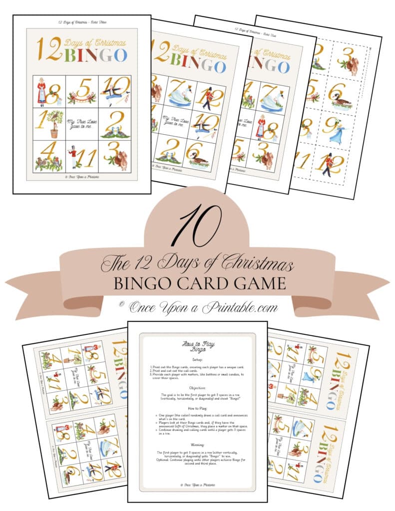 12 Days of Christmas bingo card game with watercolor graphics.
