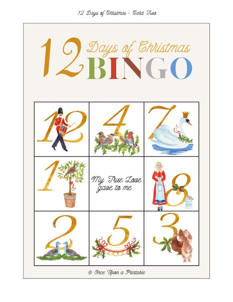 12 Days of Christmas bingo card game with watercolor graphics.