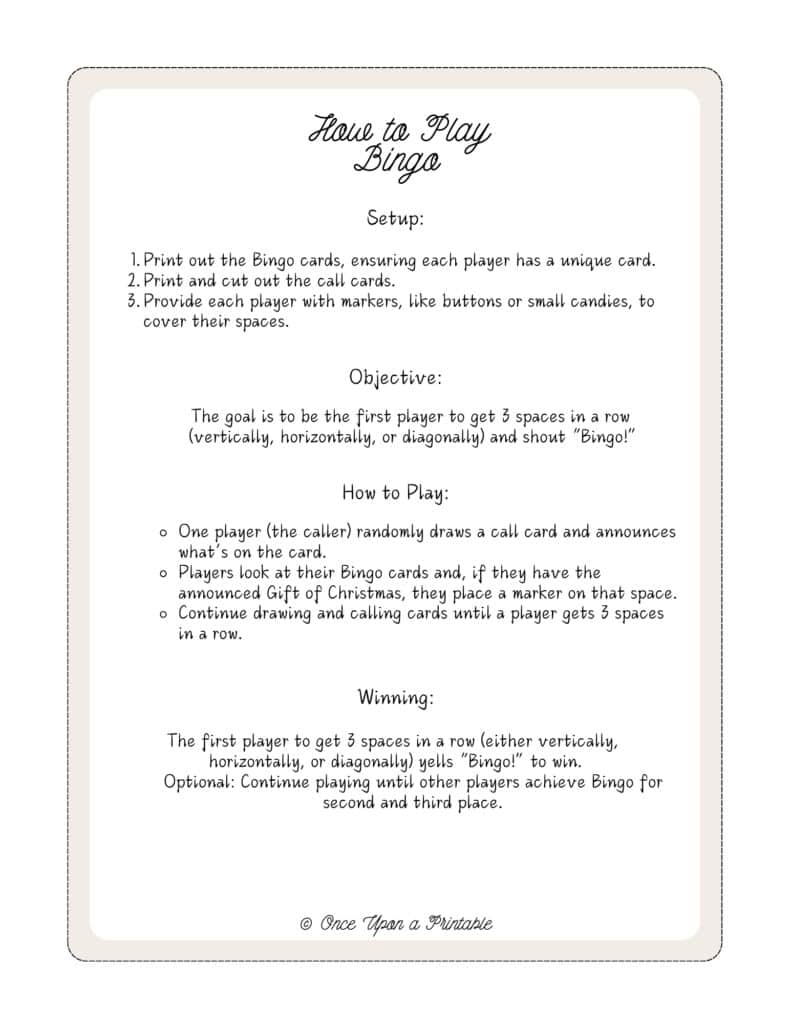 12 Days of Christmas instructions on how to play Bingo.