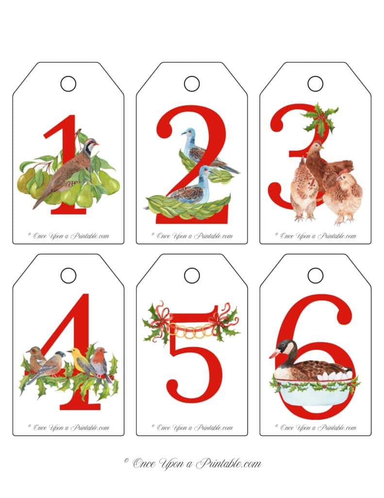 Bright and vibrant watercolor gift tags for 12 days of christmas.