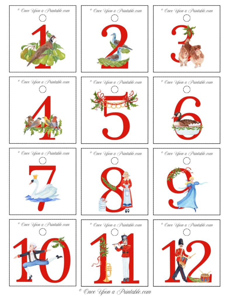 Bright and vibrant watercolor gift tags for 12 days of christmas.