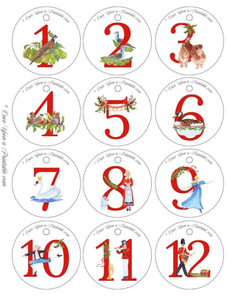 Bright and vibrant watercolor gift tags for 12 days of christmas.