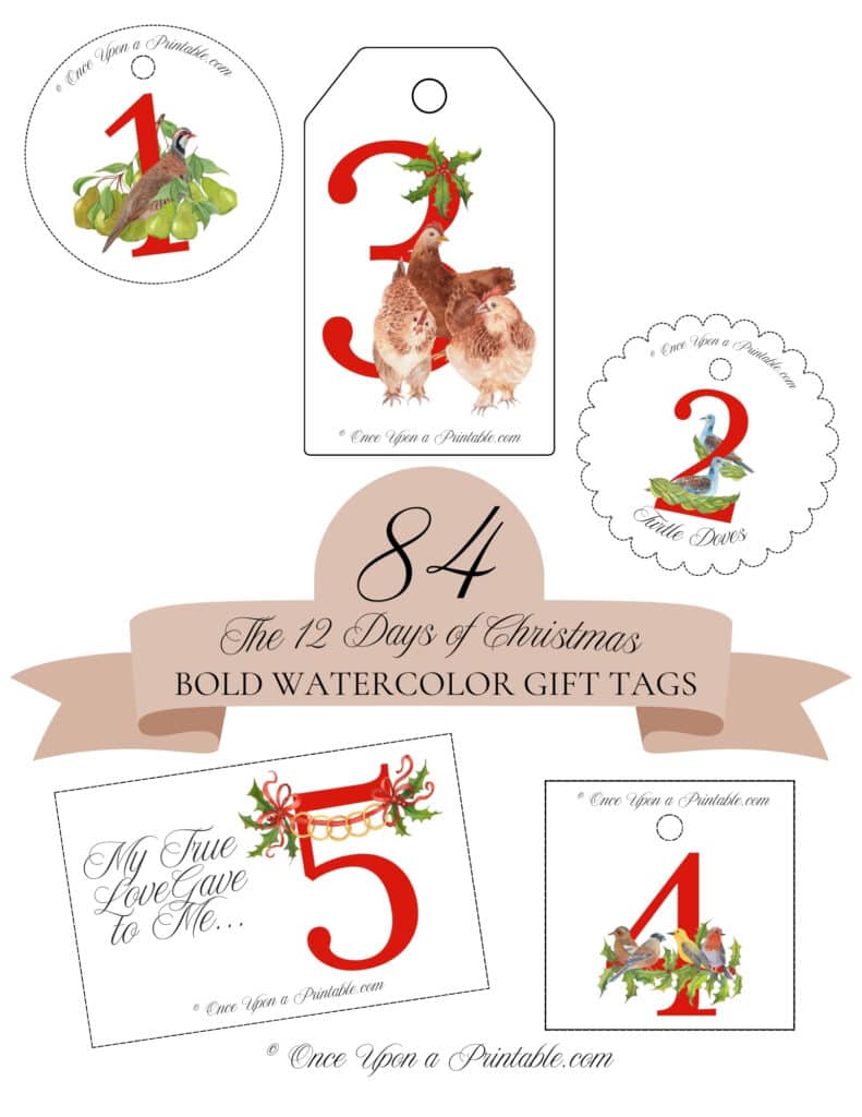 Bright and vibrant watercolor gift tags for 12 days of christmas.