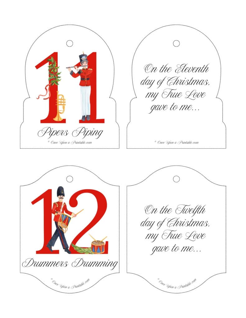 Bright and bold watercolor graphics on 12 days of Christmas tree ornaments collection.