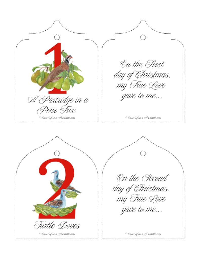 Bright and bold watercolor graphics on 12 days of Christmas tree ornaments collection.