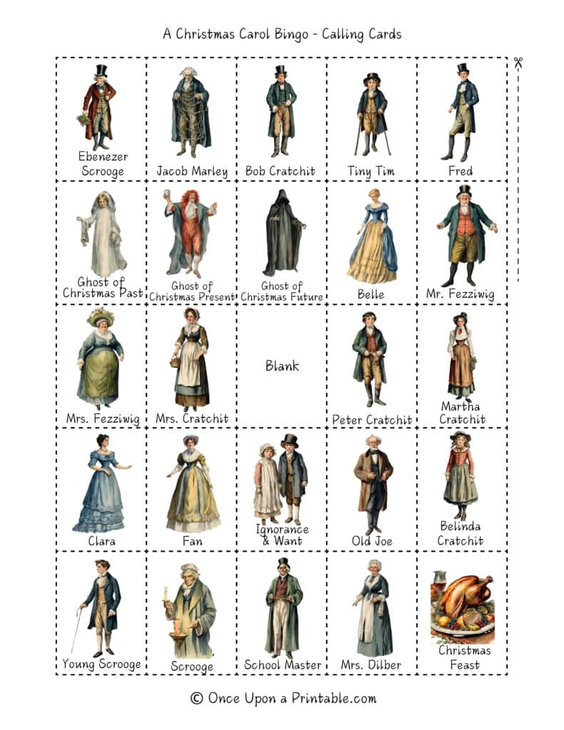 A christmas carol inspired bingo game with watercolor graphics of the characters from Charles Dickens' books.