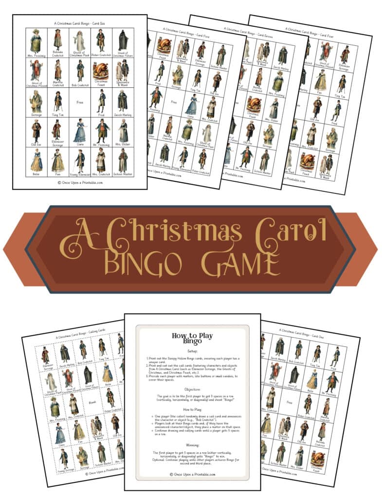 A christmas carol inspired bingo game with watercolor graphics of the characters from Charles Dickens' books.