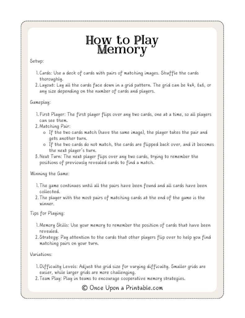 Charles Dickens' "A Christmas Carol" memory game printable how to play instructions.