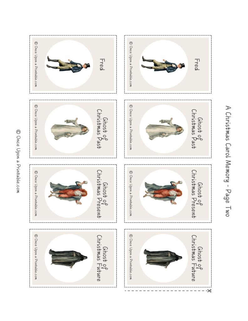 Charles Dickens' "A Christmas Carol" memory game printables with original watercolor graphics.