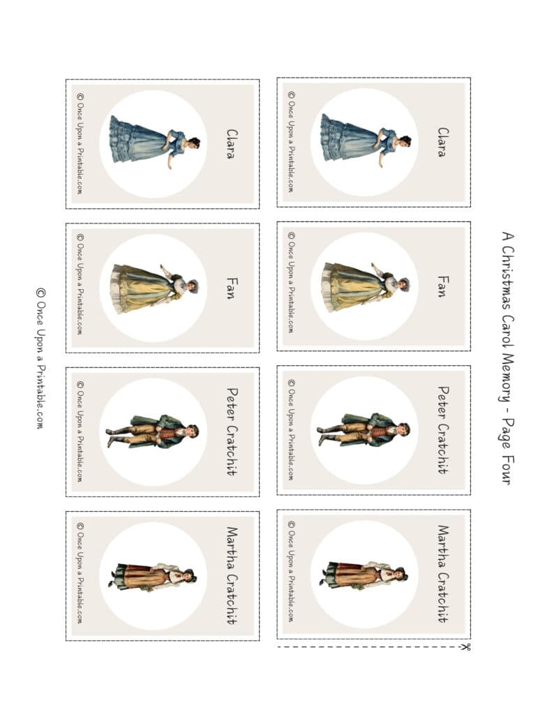 Charles Dickens' "A Christmas Carol" memory game printables with original watercolor graphics.