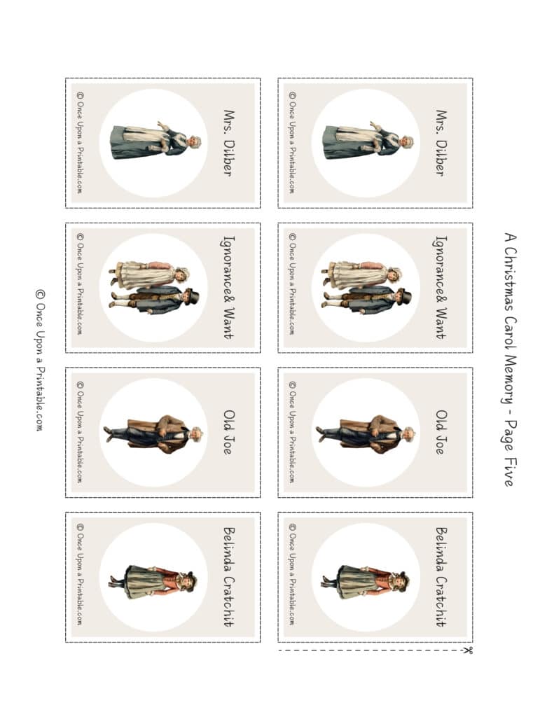 Charles Dickens' "A Christmas Carol" memory game printables with original watercolor graphics.