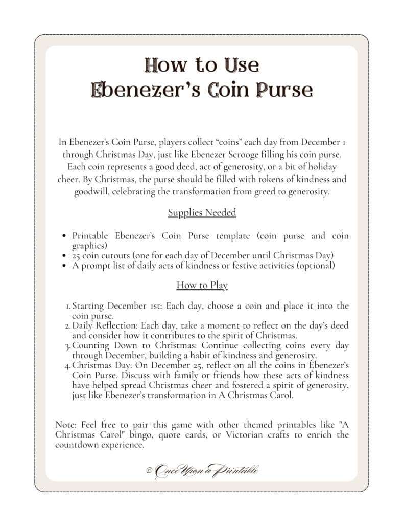 Ebenezer's Coin Purse advent activity for kids and families, printables.