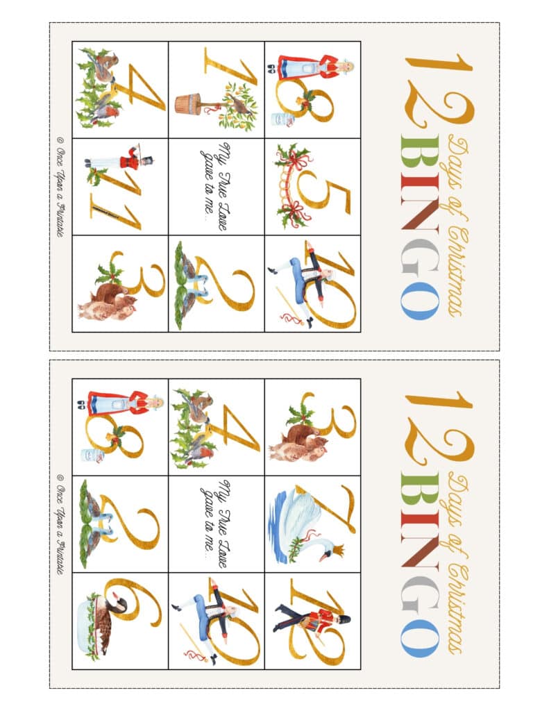 12 Days of Christmas bingo card game with watercolor graphics.