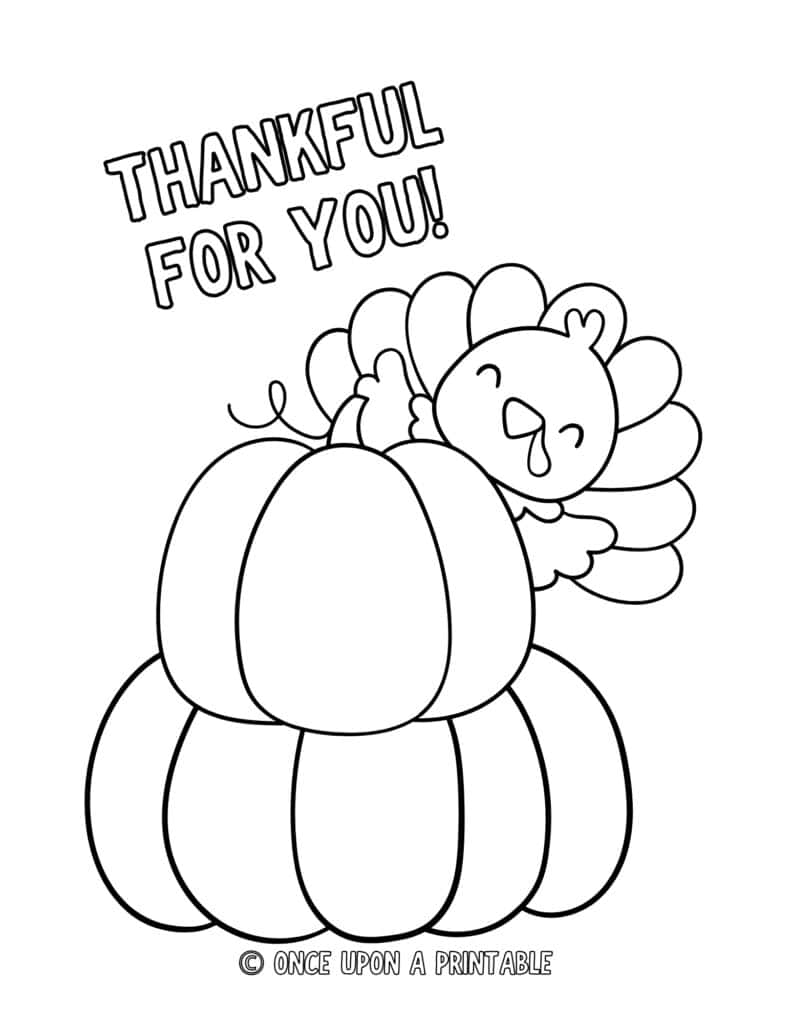 Easy thanksgiving coloring page with a turkey and two pumpkins.