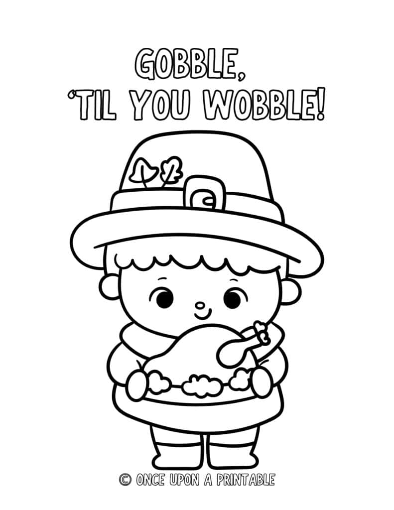 Easy thanksgiving coloring page with a little boy pilgrim holding a turkey dinner.