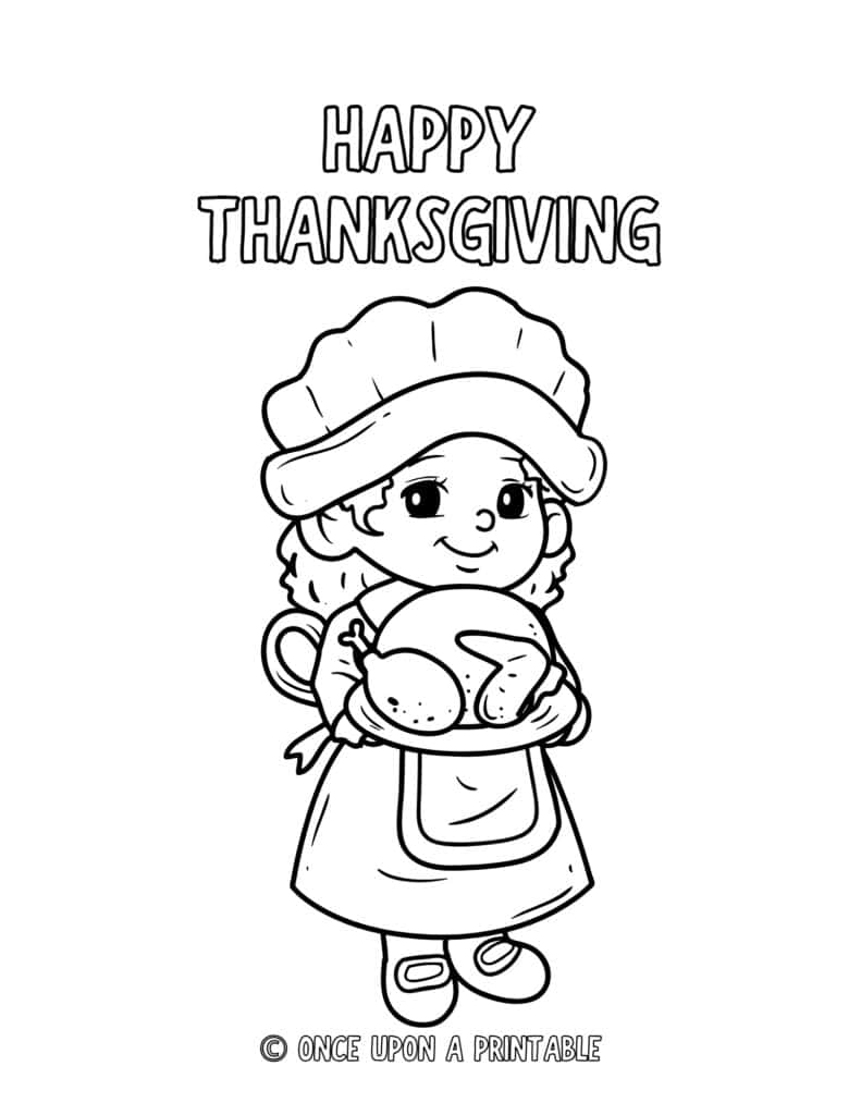 Easy thanksgiving coloring page of a little girl pilgrim.